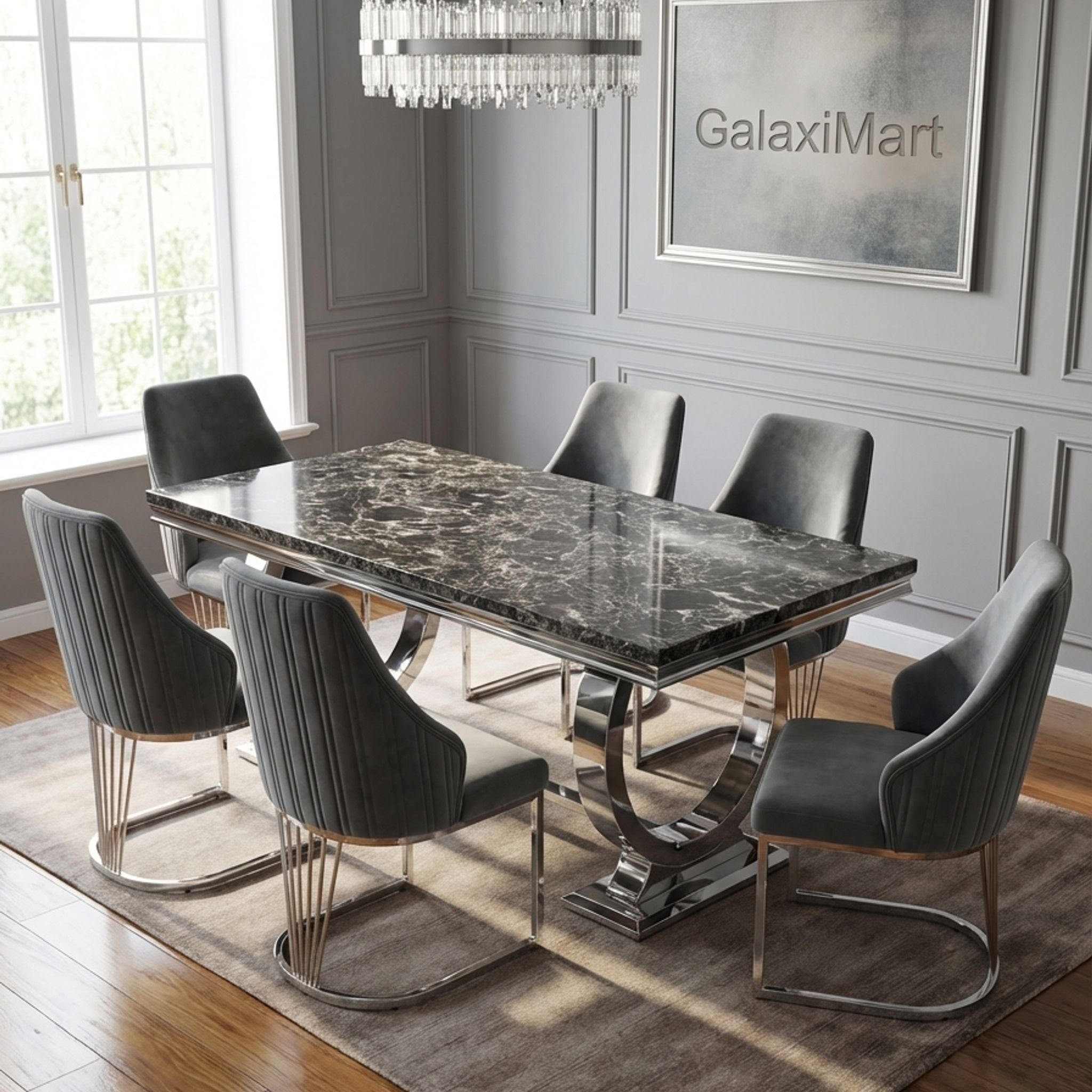 Ariana Grey Marble Dining Table & 4-8 Velvet Ribbed Back Dining Chairs – Premium Chrome Legs