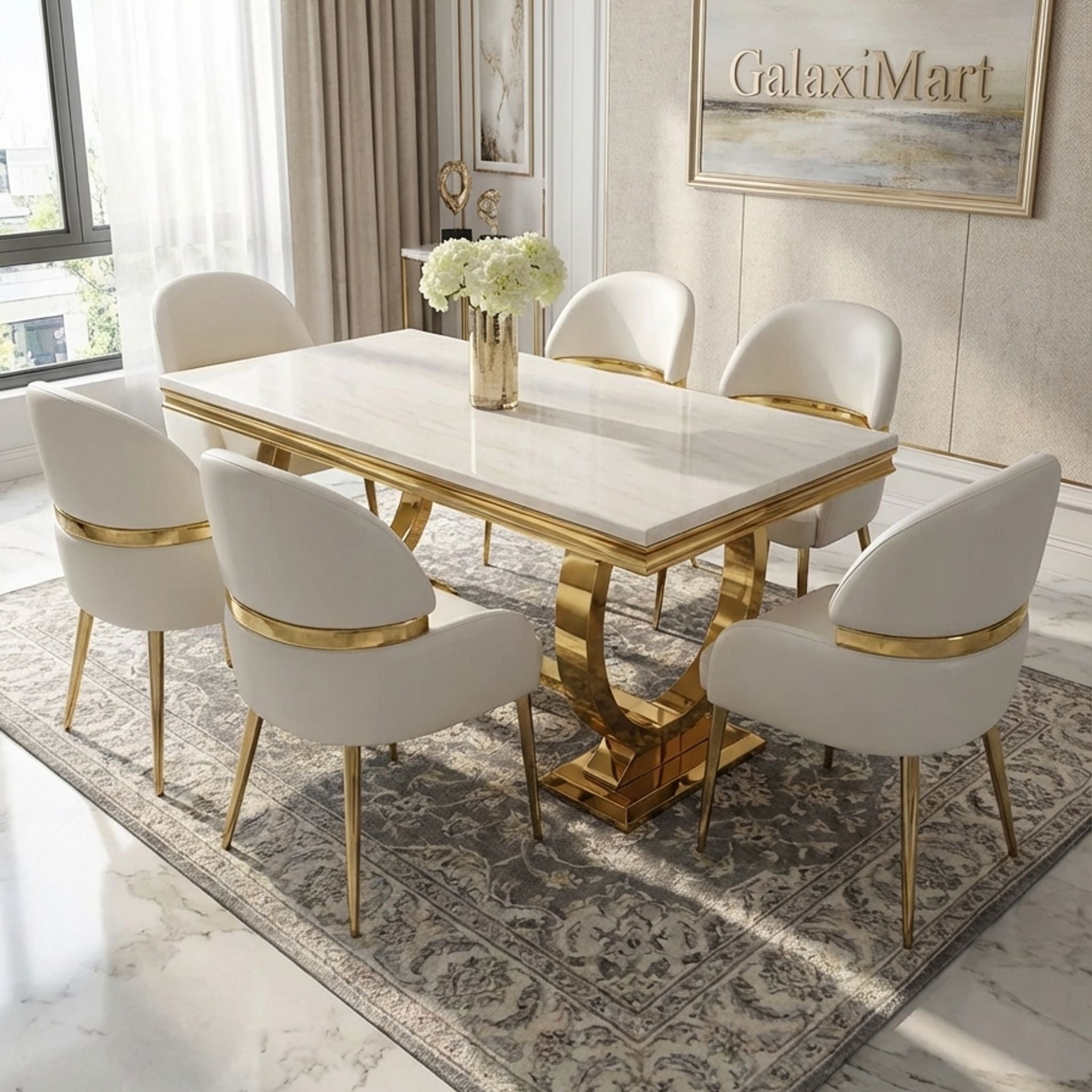 Arianna Cream Gold Marble Dining Table + Madrid PU Chairs
