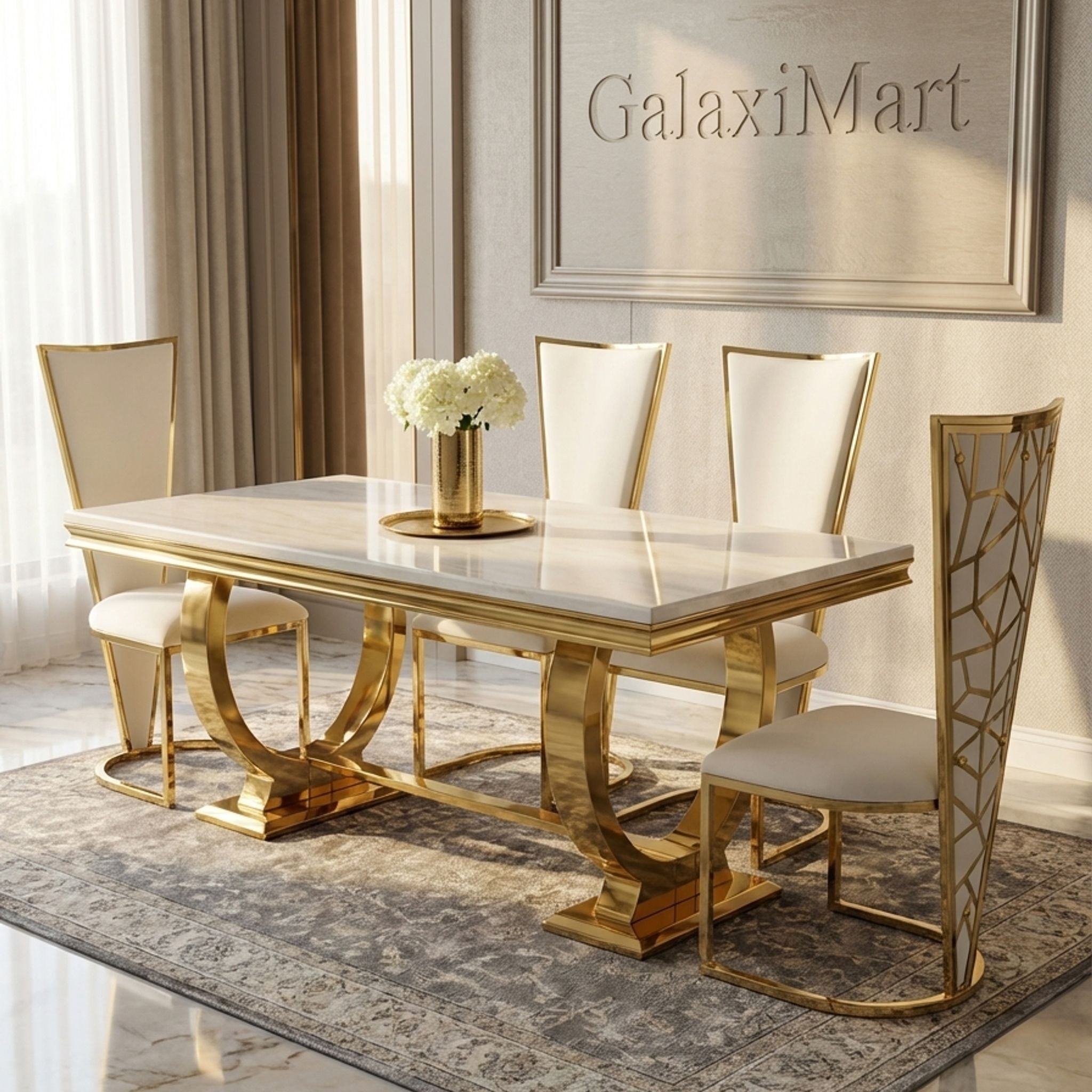 Arianna Dining Table Gold & Cream Marble in 3 Sizes & Colours – Table Only