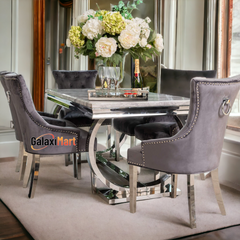 Arianna 150/180/200cm Grey Marble Dining Table with Darcy Ring Knocker Velvet Dining Chairs
