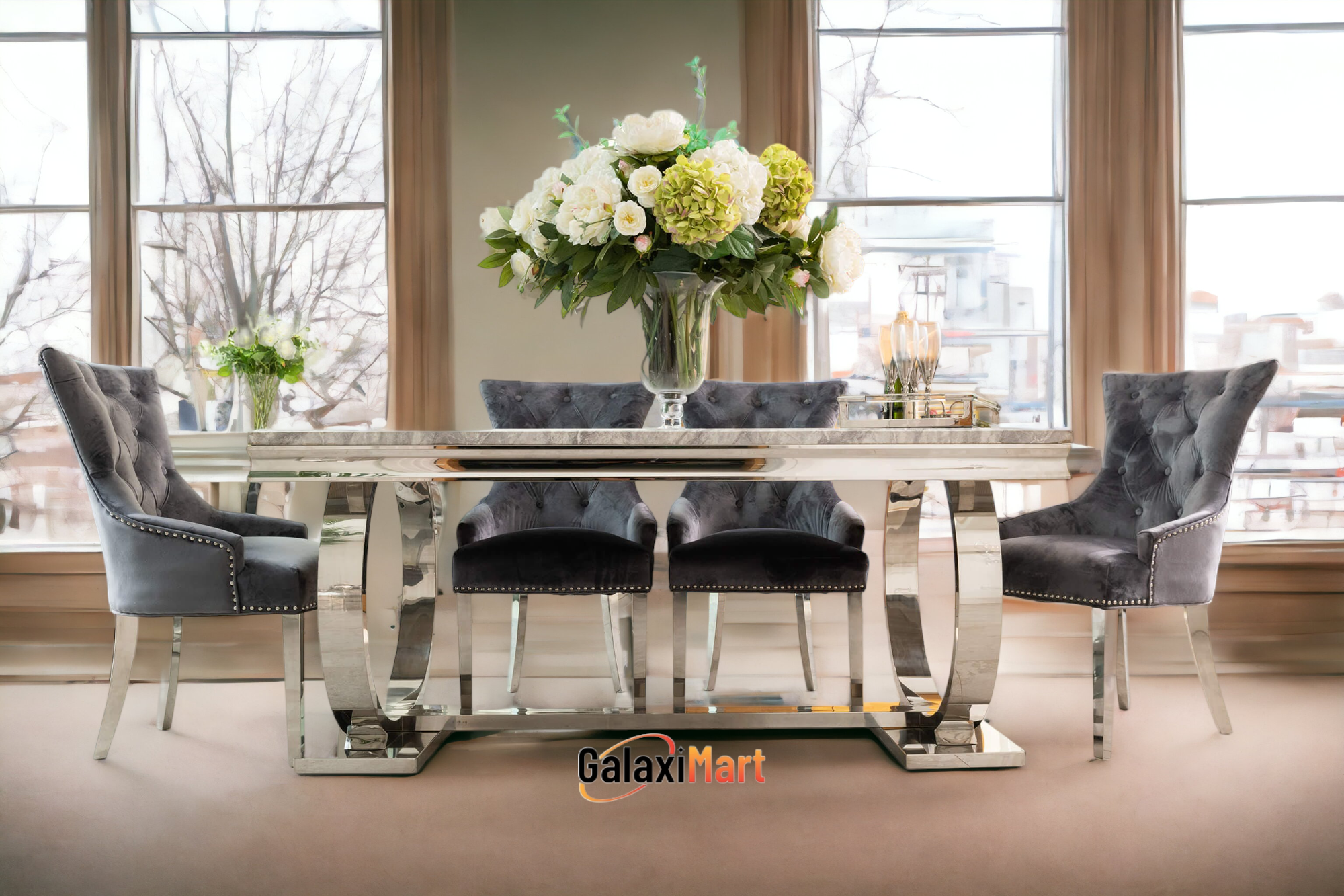 Arianna 150/180/200cm Grey Marble Dining Table with Darcy Ring Knocker Velvet Dining Chairs