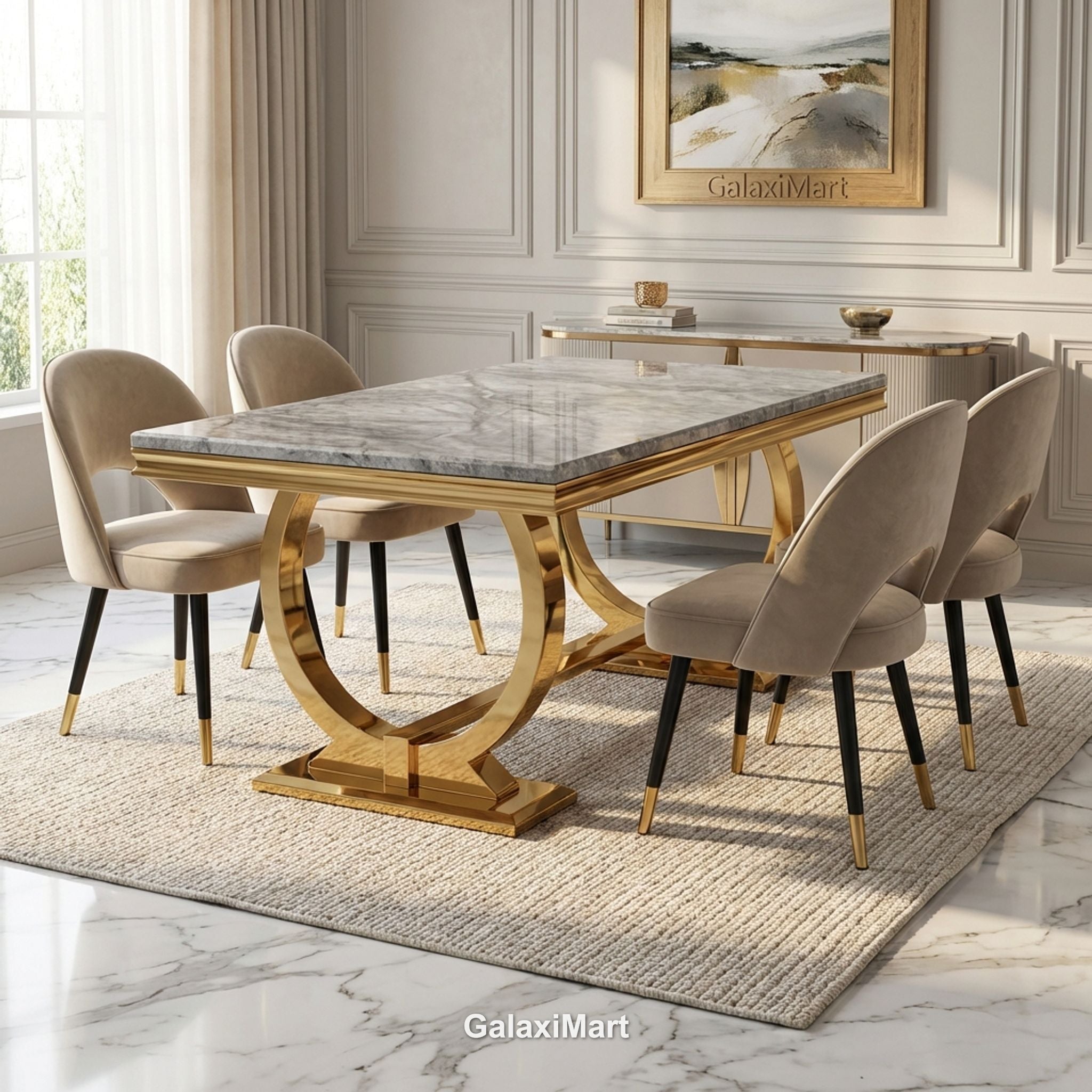Arianna Gold Marble Dining Table 1.6m/1.8m/2m with Astra Velvet Chairs