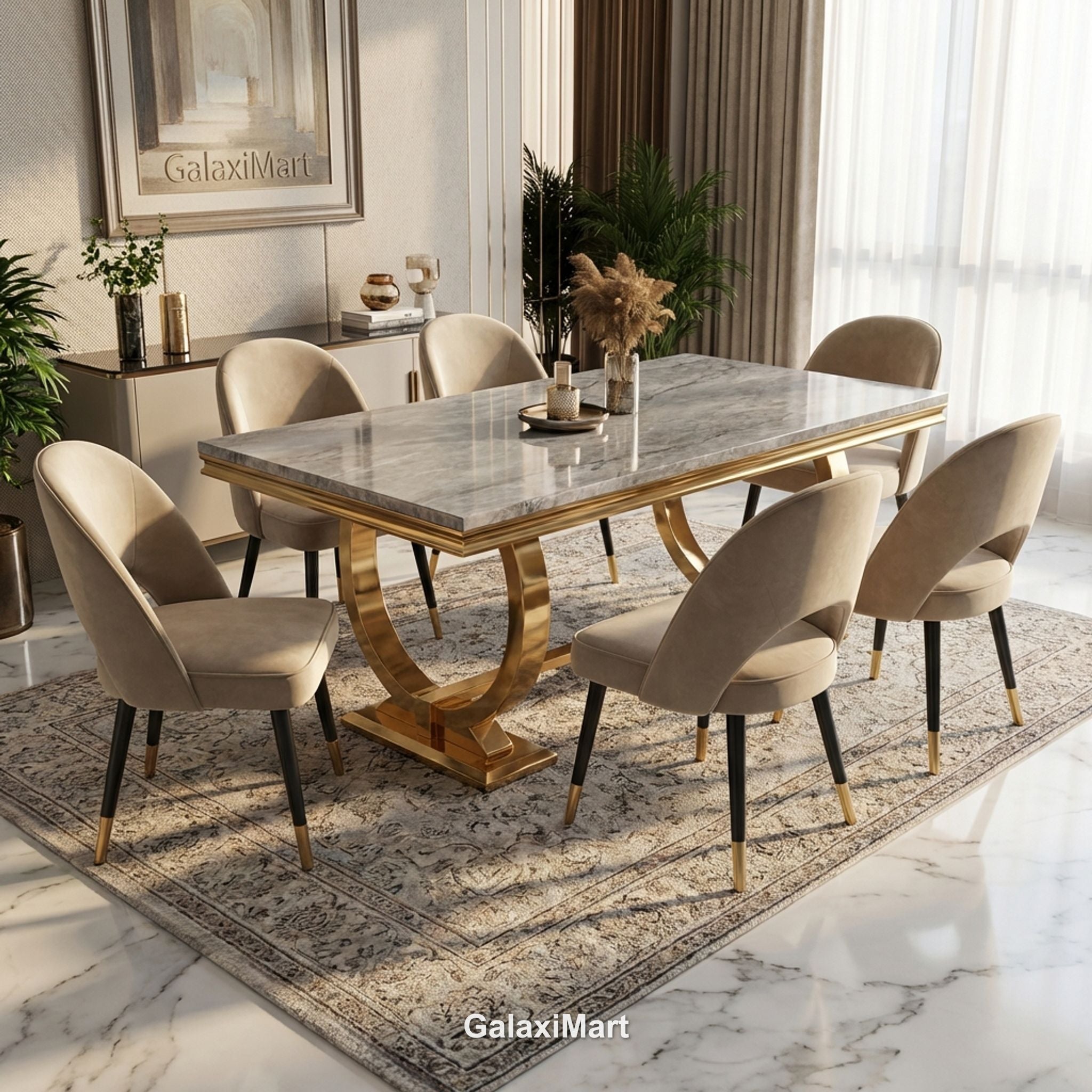Arianna Gold Marble Dining Table 1.6m/1.8m/2m with Astra Velvet Chairs