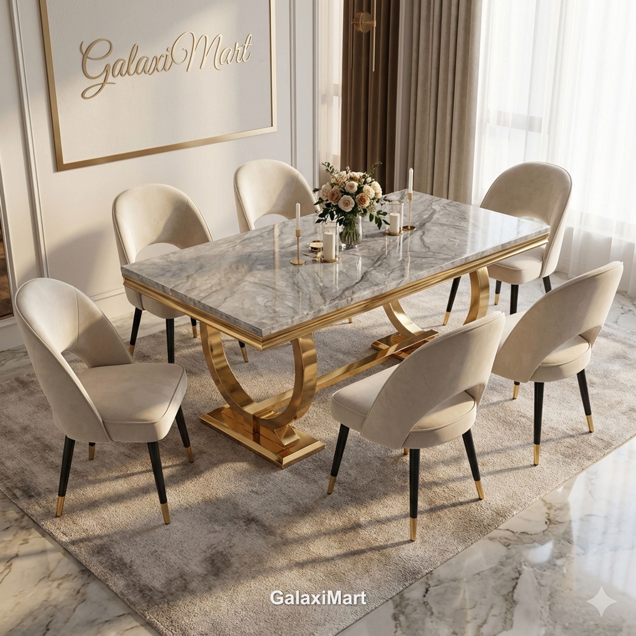 Arianna Gold Marble Dining Table 1.6m/1.8m/2m with Astra Velvet Chairs