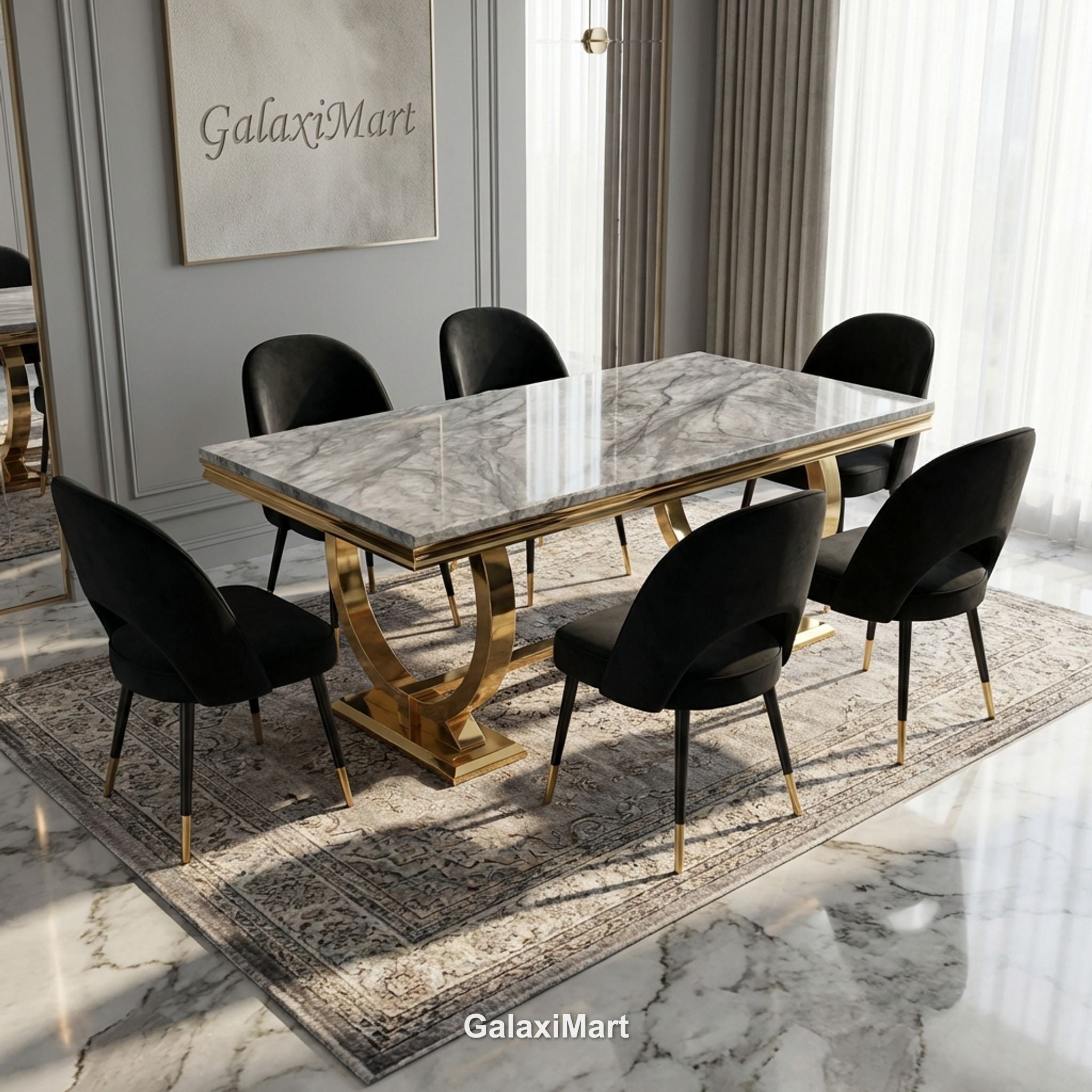 Arianna Gold Marble Dining Table 1.6m/1.8m/2m with Astra Velvet Chairs