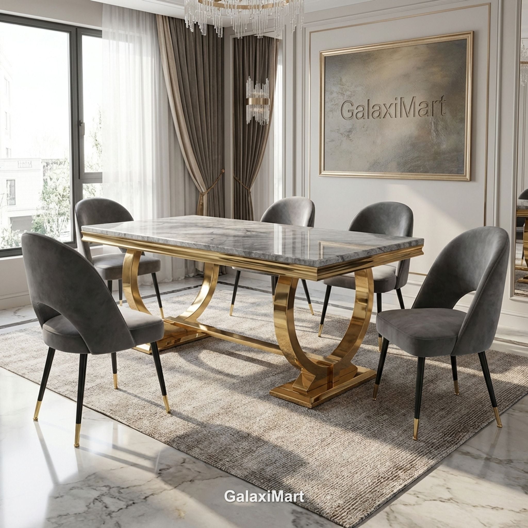 Arianna Gold Marble Dining Table 1.6m/1.8m/2m with Astra Velvet Chairs