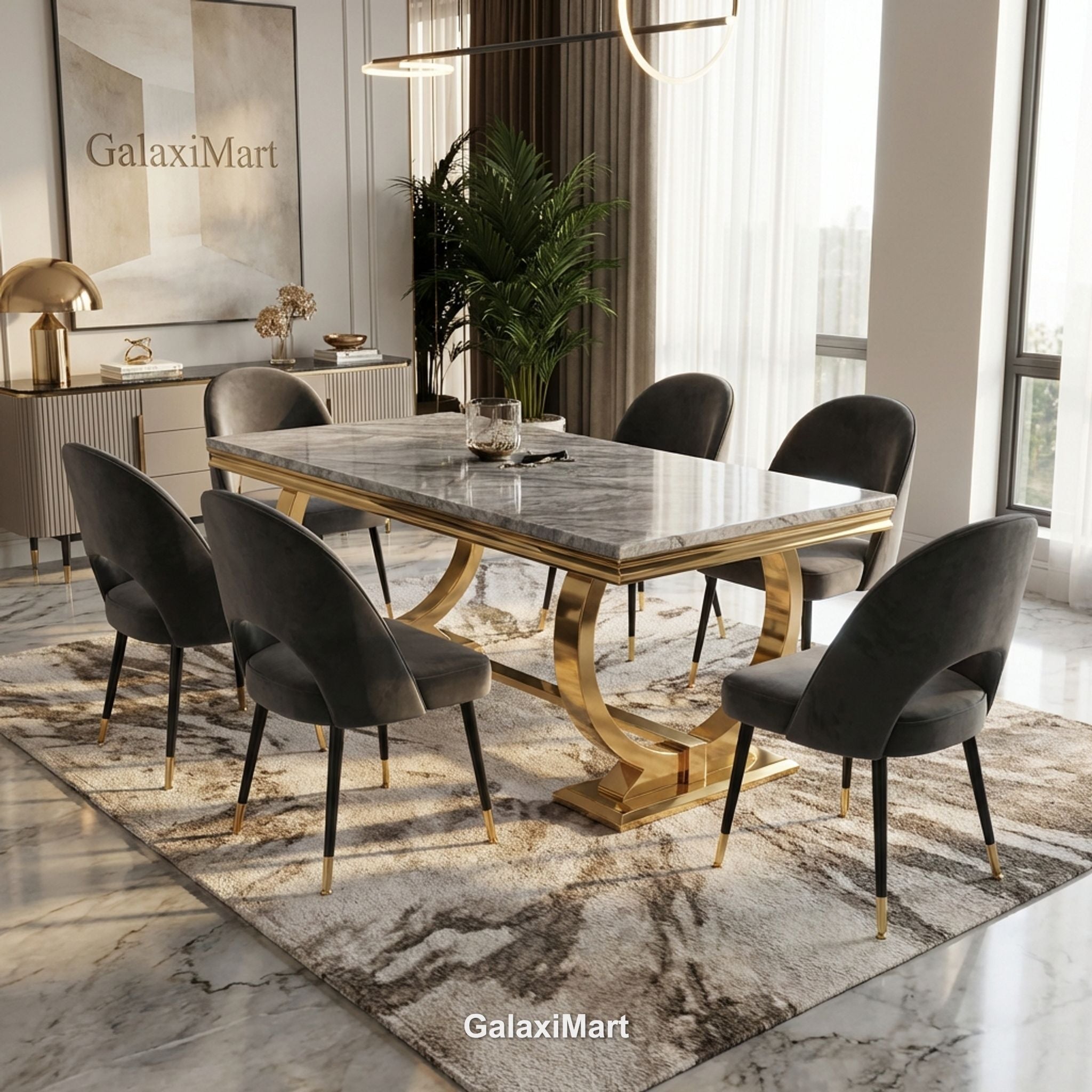 Arianna Gold Marble Dining Table 1.6m/1.8m/2m with Astra Velvet Chairs