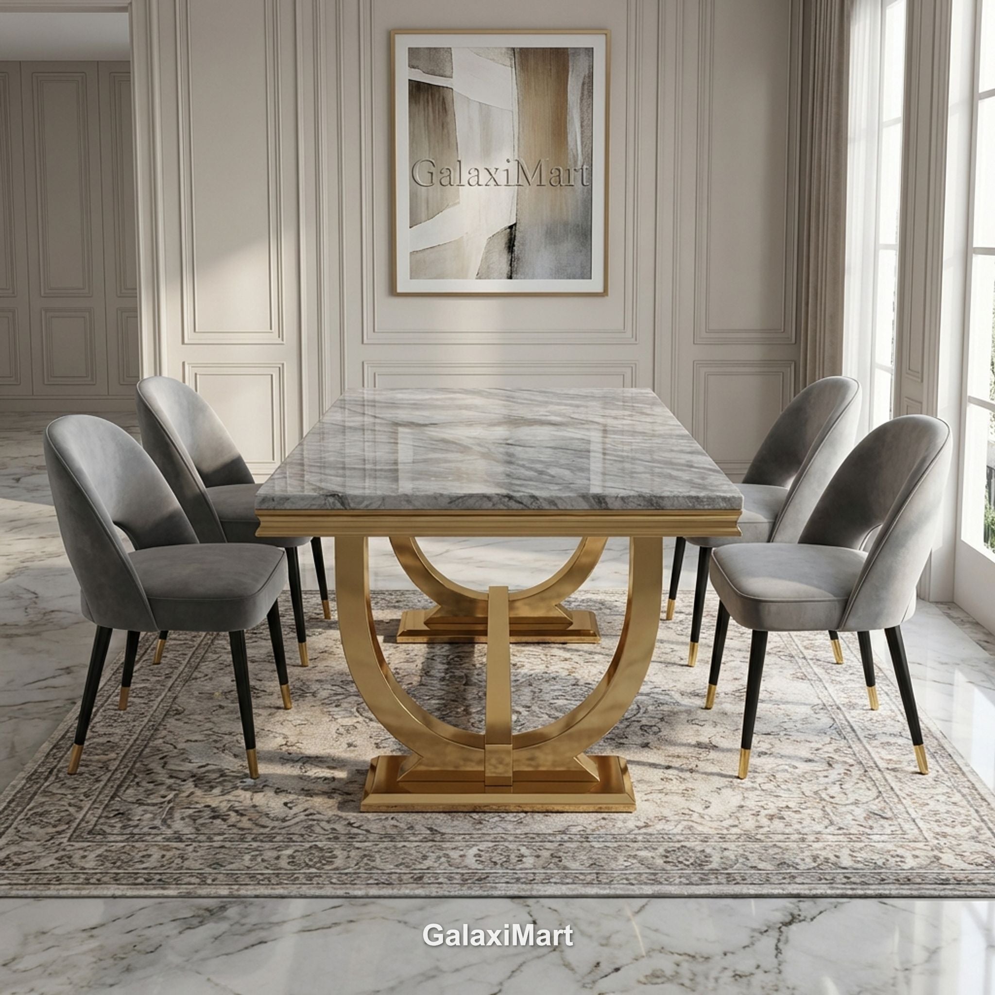 Arianna Gold Marble Dining Table 1.6m/1.8m/2m with Astra Velvet Chairs