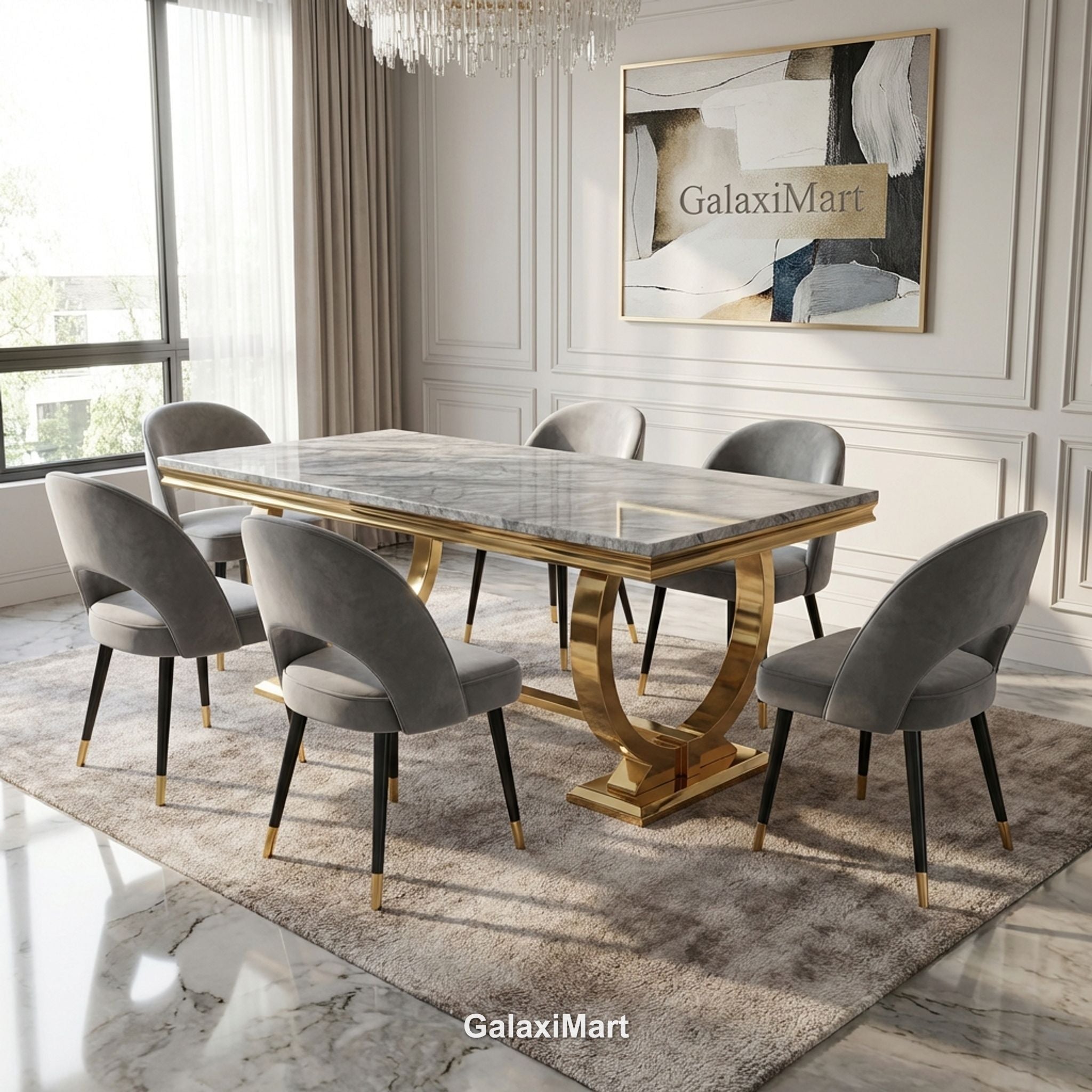 Arianna Gold Marble Dining Table 1.6m/1.8m/2m with Astra Velvet Chairs