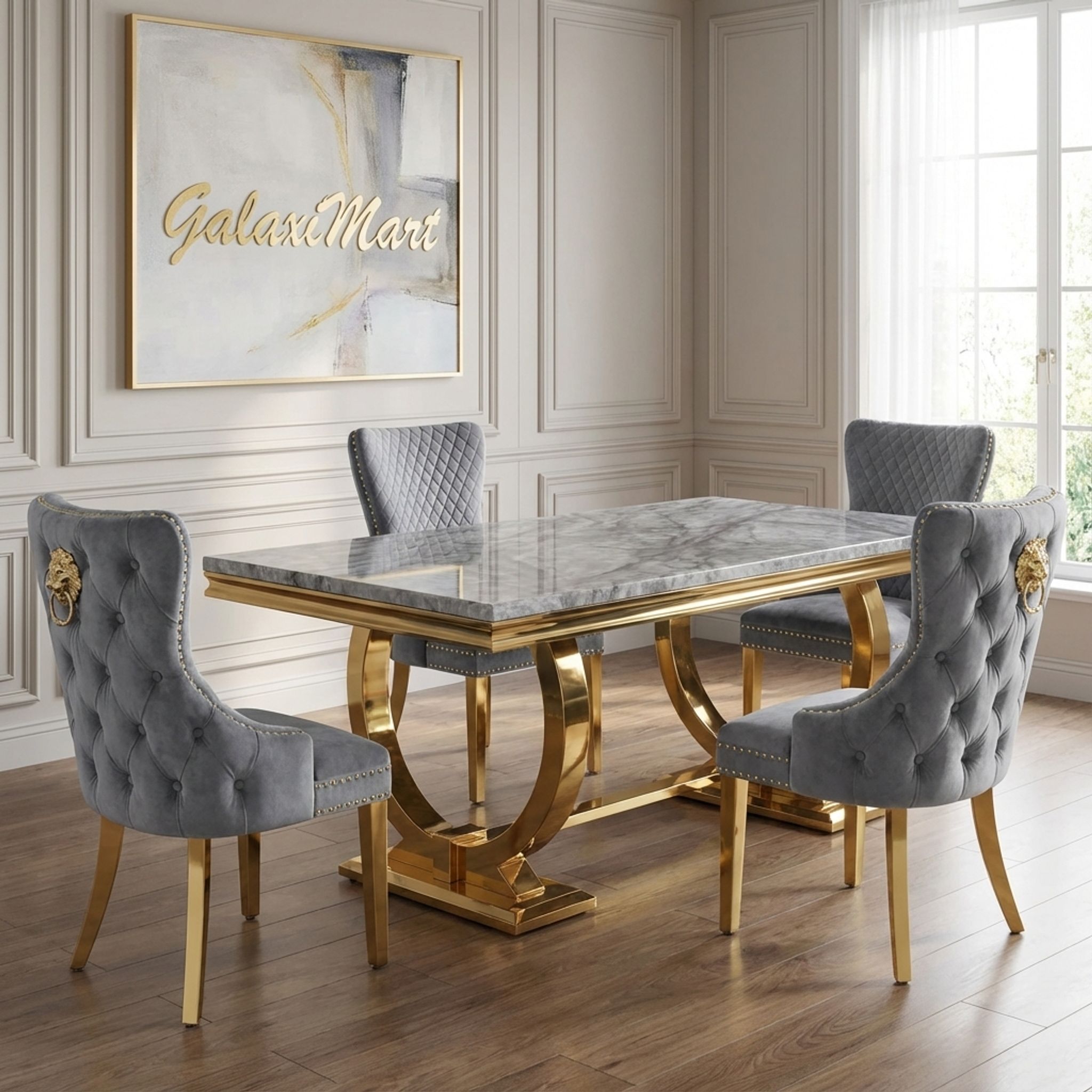 Arianna Grey Marble Dining Table & Gold Base with Victoria Velvet Chairs