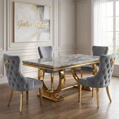Arianna Grey Marble Dining Table & Gold Base with Victoria Velvet Chairs