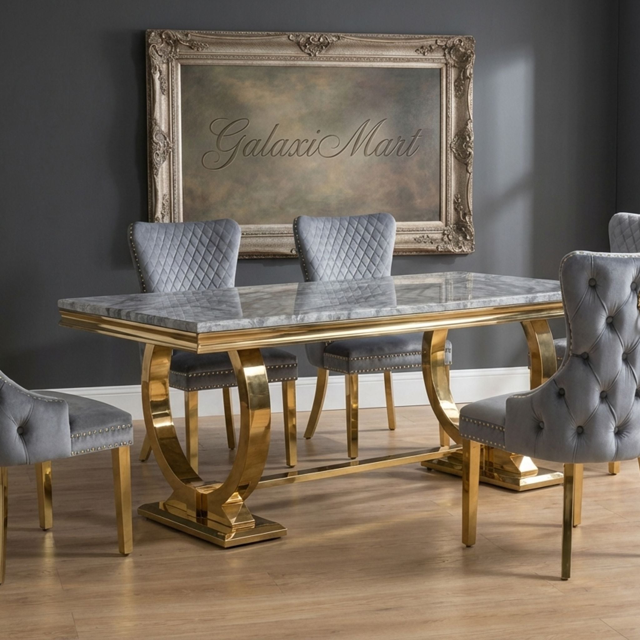 Arianna Grey Marble Dining Table & Gold Base with Victoria Velvet Chairs