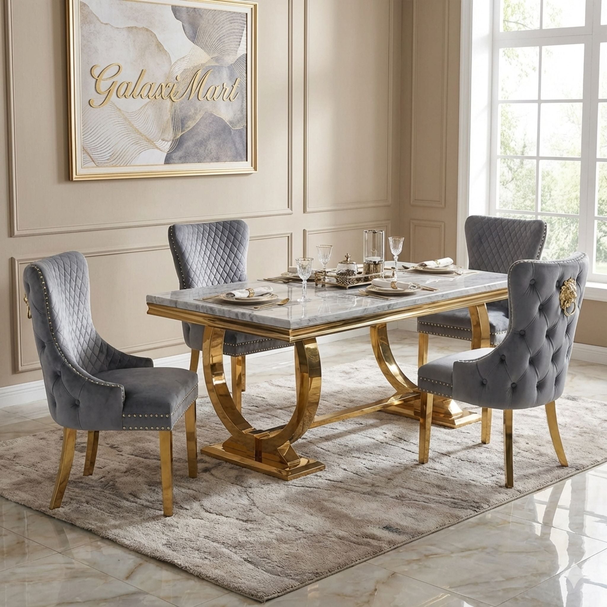 Arianna Grey Marble Dining Table & Gold Base with Victoria Velvet Chairs