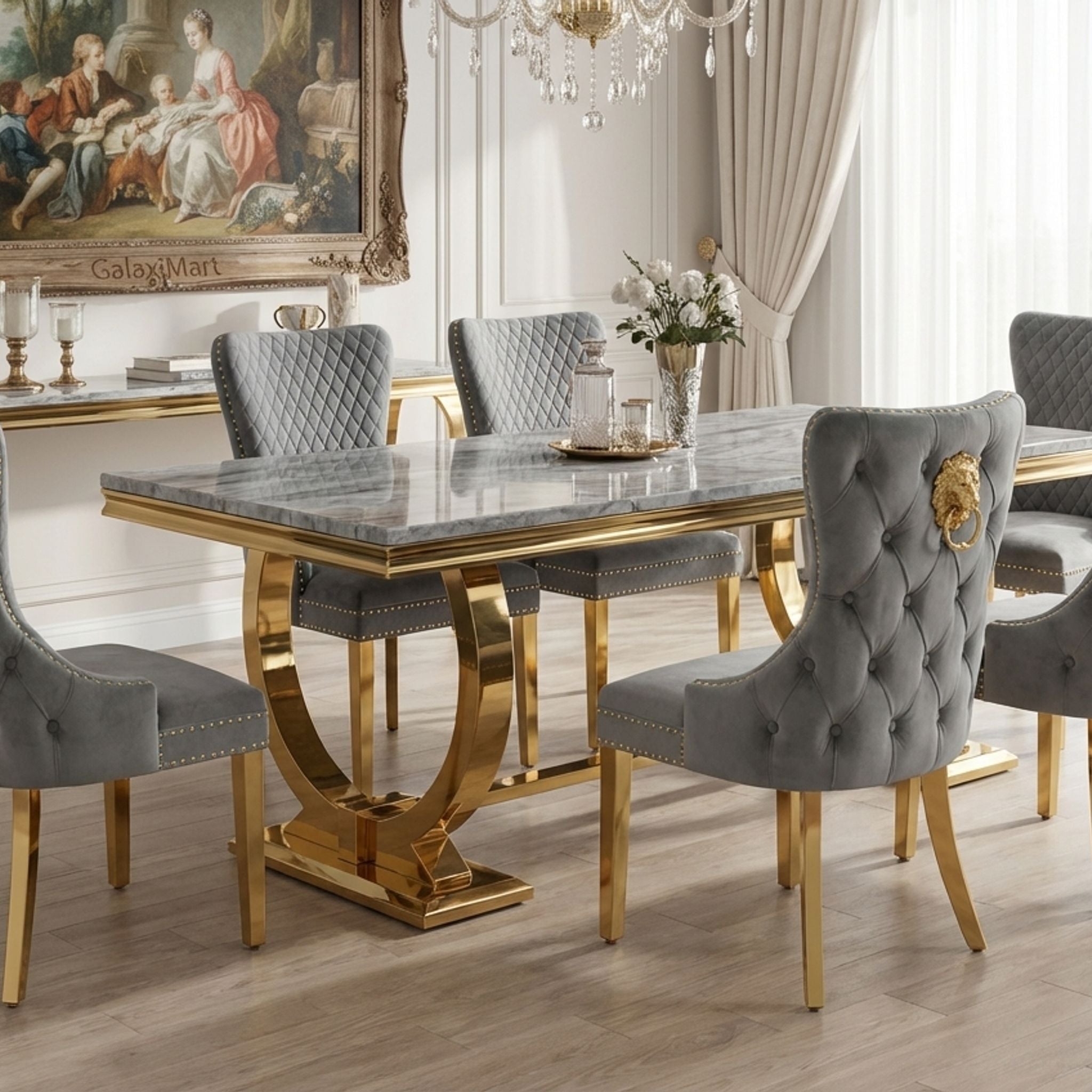 Arianna Grey Marble Dining Table & Gold Base with Victoria Velvet Chairs