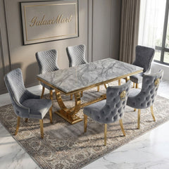 Arianna Grey Marble Dining Table & Gold Base with Victoria Velvet Chairs