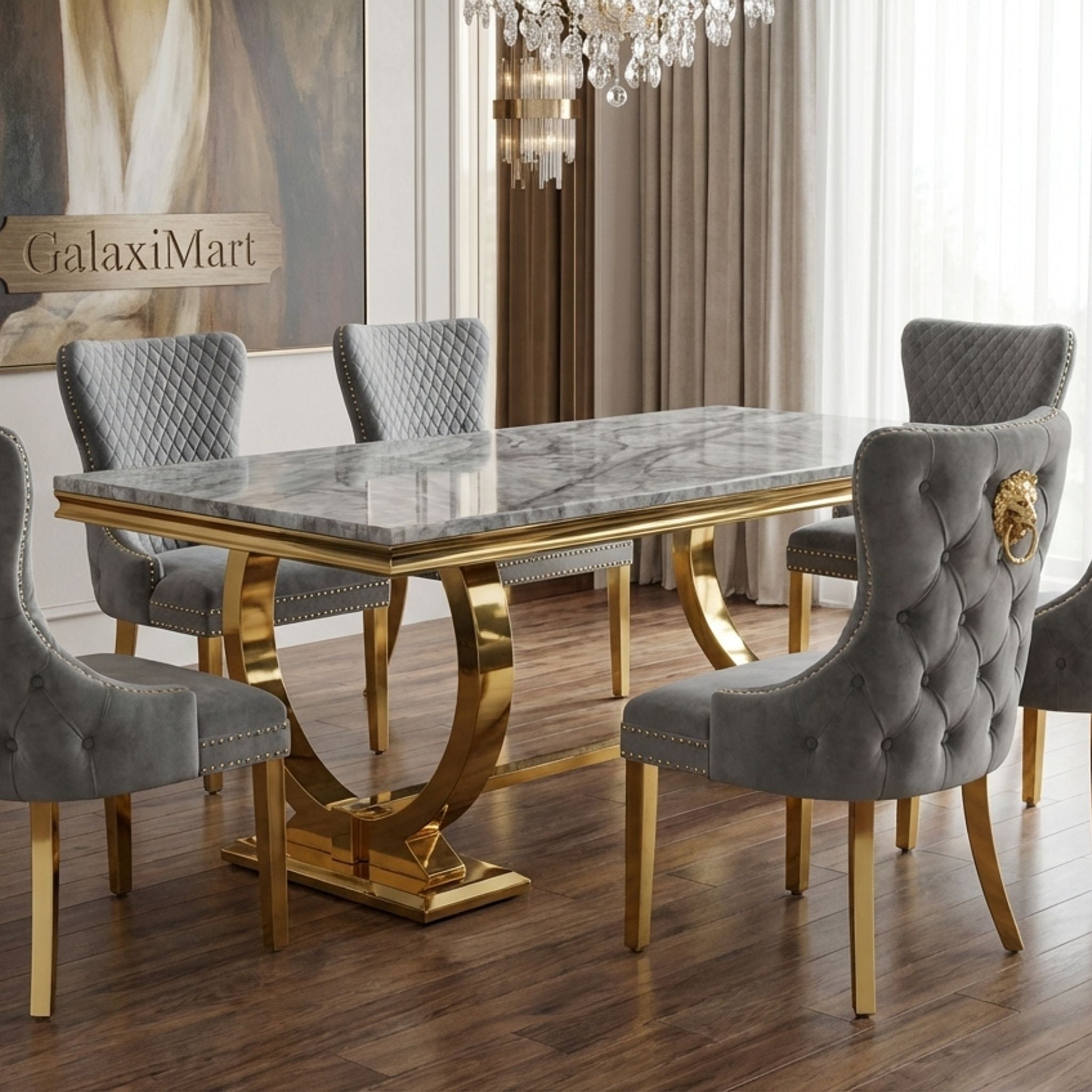 Arianna Grey Marble Dining Table & Gold Base with Victoria Velvet Chairs