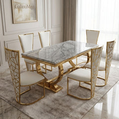 Arianna Grey Gold marble dining table & Vienna cream-gold Velvet chairs