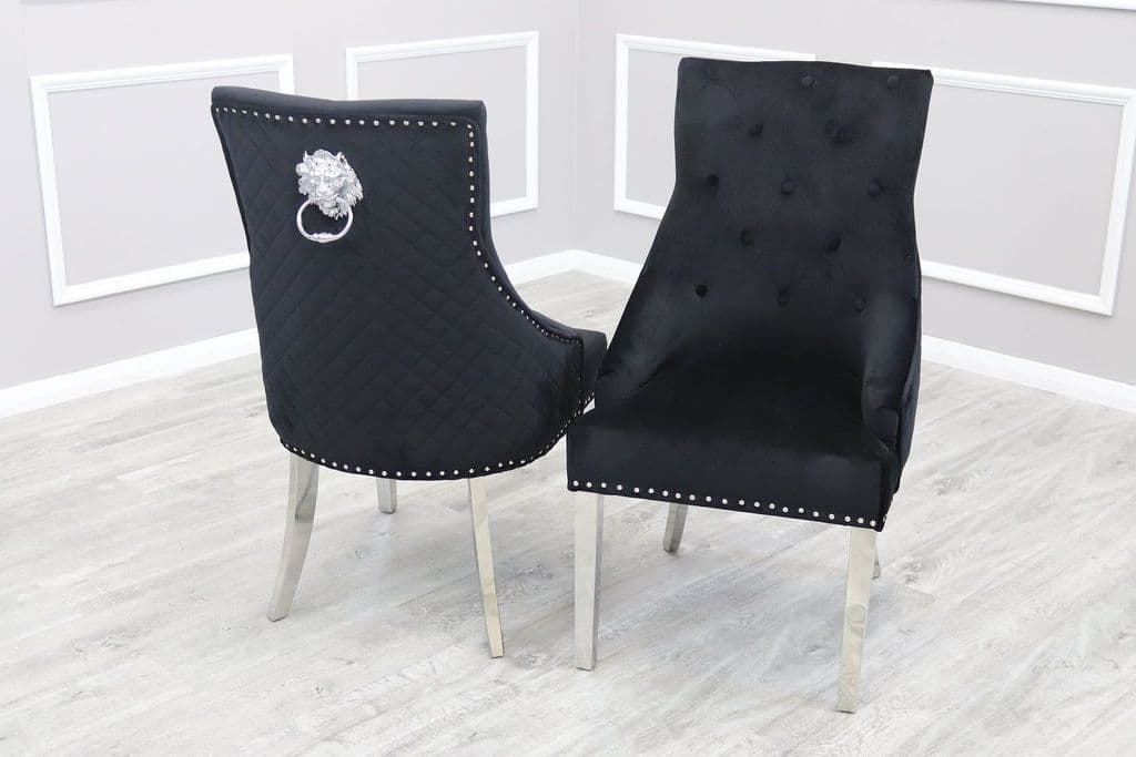 Arial 180cm Black Marble Dining Table with Black Lion Knocker Plush Velvet Chairs