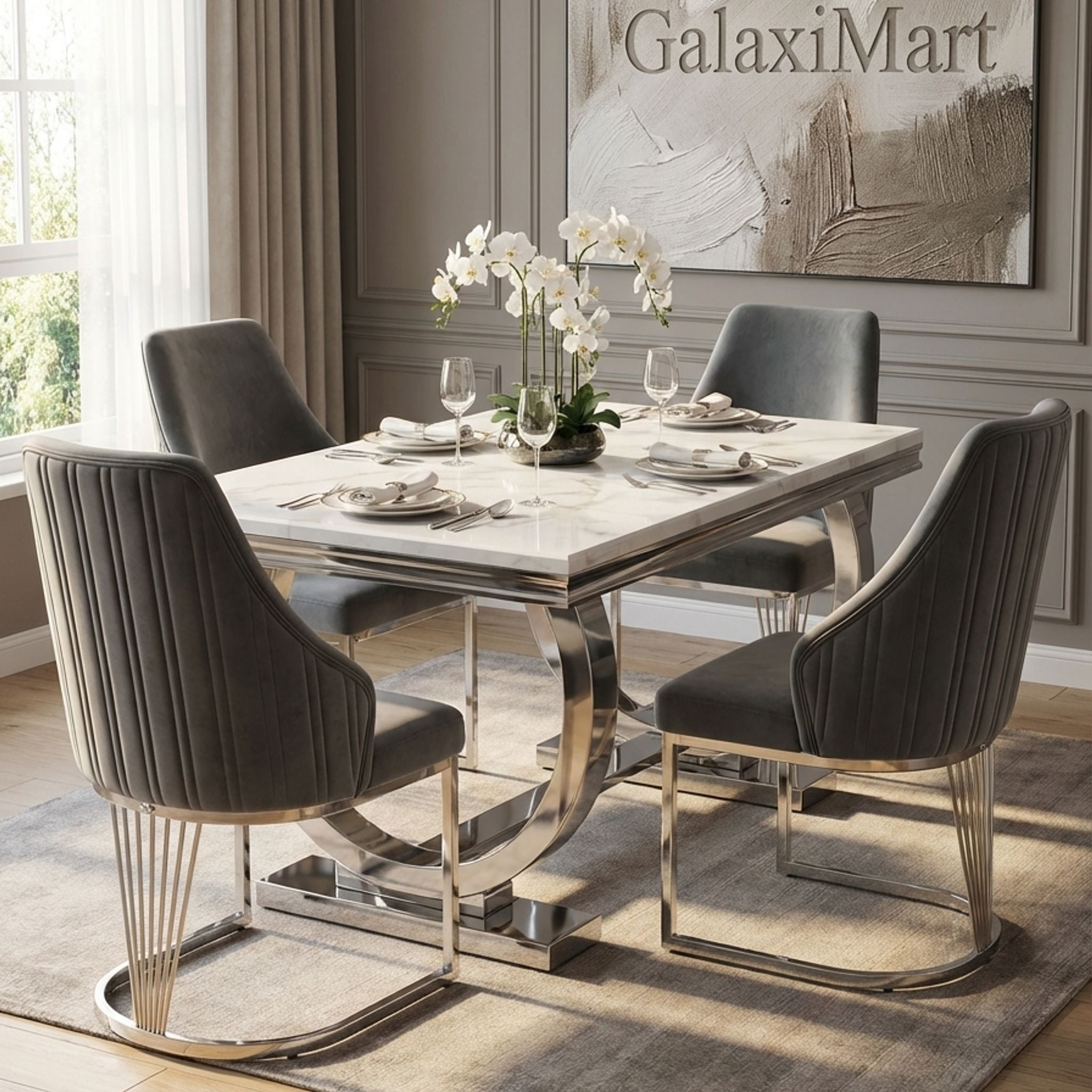 Ariana Grey Marble Dining Table & 4-8 Velvet Ribbed Back Dining Chairs – Premium Chrome Legs