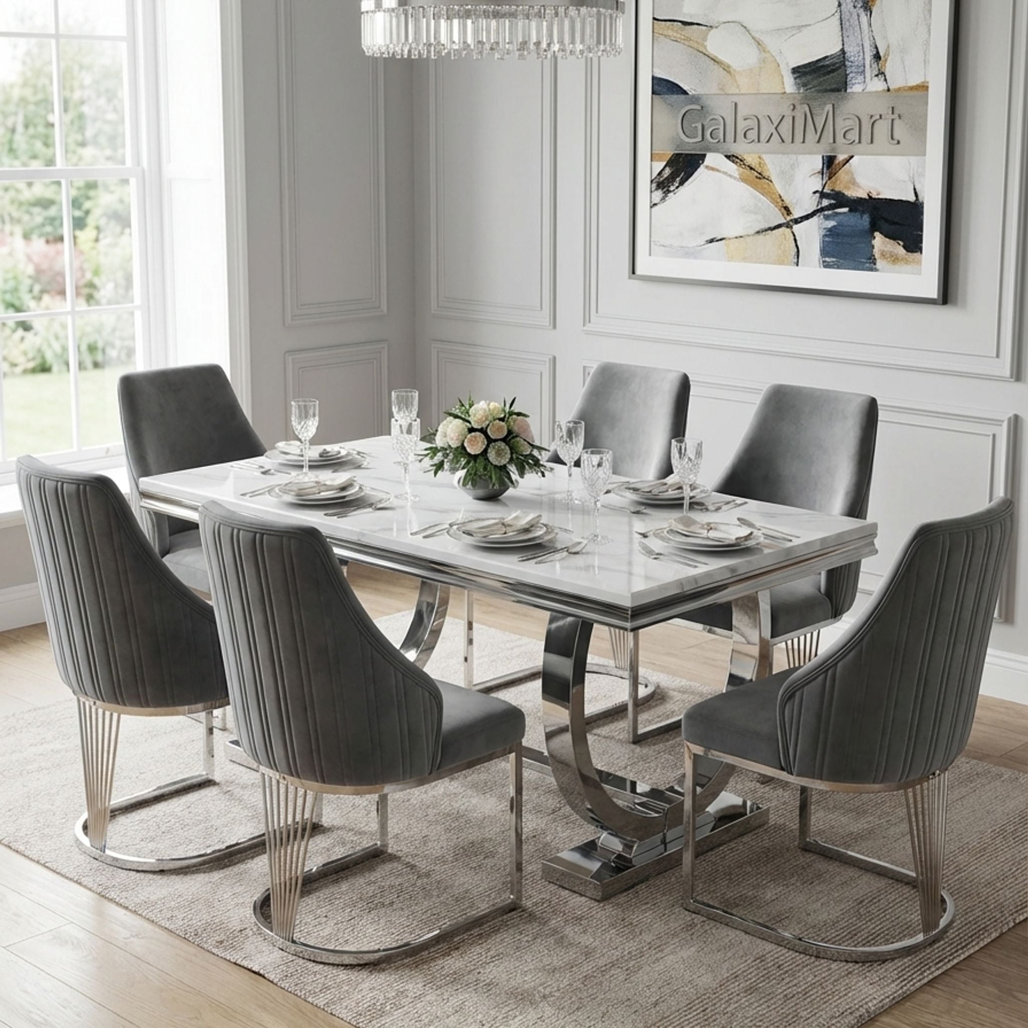 Ariana Grey Marble Dining Table & 4-8 Velvet Ribbed Back Dining Chairs – Premium Chrome Legs