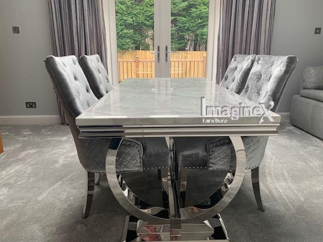 Arianna 200cm White Marble Dining Table with Set of Lion Knocker Plush Velvet Dining Chairs – Luxury Dining Set