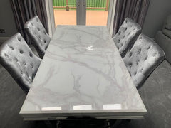 Arianna 200cm White Marble Dining Table with Set of Lion Knocker Plush Velvet Dining Chairs – Luxury Dining Set