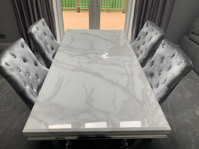 Arianna 200CM White Marble Dining Table With Set of Lion Knocker Plush Velvet Dining Chairs