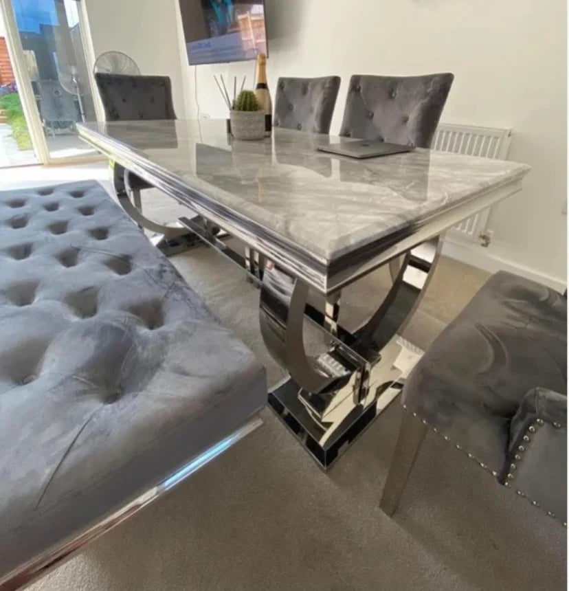 Arianna 150cm + 180cm + 200cm Grey Marble Dining Table with Belle Grey Velvet Dining Chairs and 130cm +180cm Grey Matching Bench
