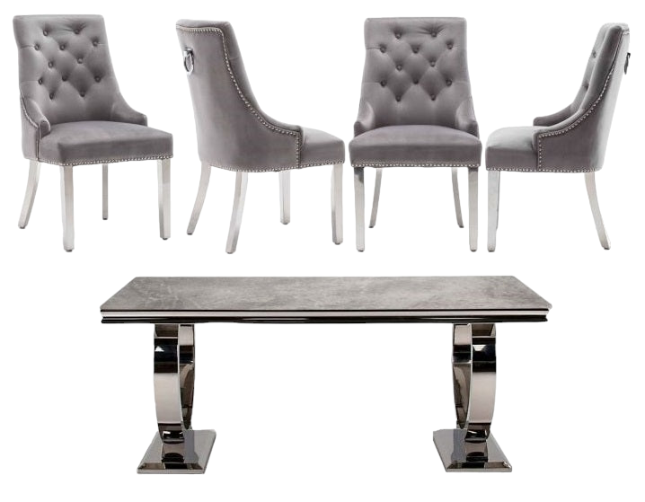 Arianna 200cm White Marble Dining Table with Set of Lion Knocker Plush Velvet Dining Chairs – Luxury Dining Set