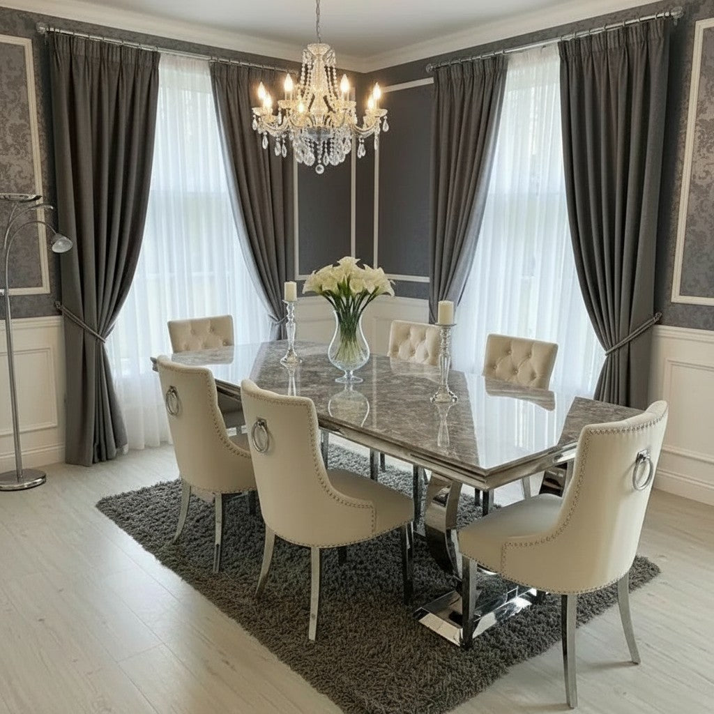 Arianna 150cm Grey Marble Dining Table with Plush Velvet Dining Chairs