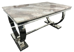 Arianna Grey Marble Dining Table with Valencia Ring Knocker PU-Leather Dark Grey Dining Chairs
