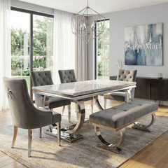 Arianna 150cm + 180cm + 200cm Grey Marble Dining Table with Belle Grey Velvet Dining Chairs and 130cm +180cm Grey Matching Bench