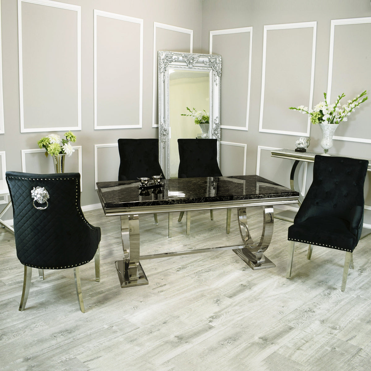 Arianna 200cm Black Marble Dining Table with Majestic Black Lion Knocker Plush Velvet Dining Chairs
