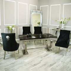 Arianna 200cm Black Marble Dining Table with Majestic Black Lion Knocker Plush Velvet Dining Chairs
