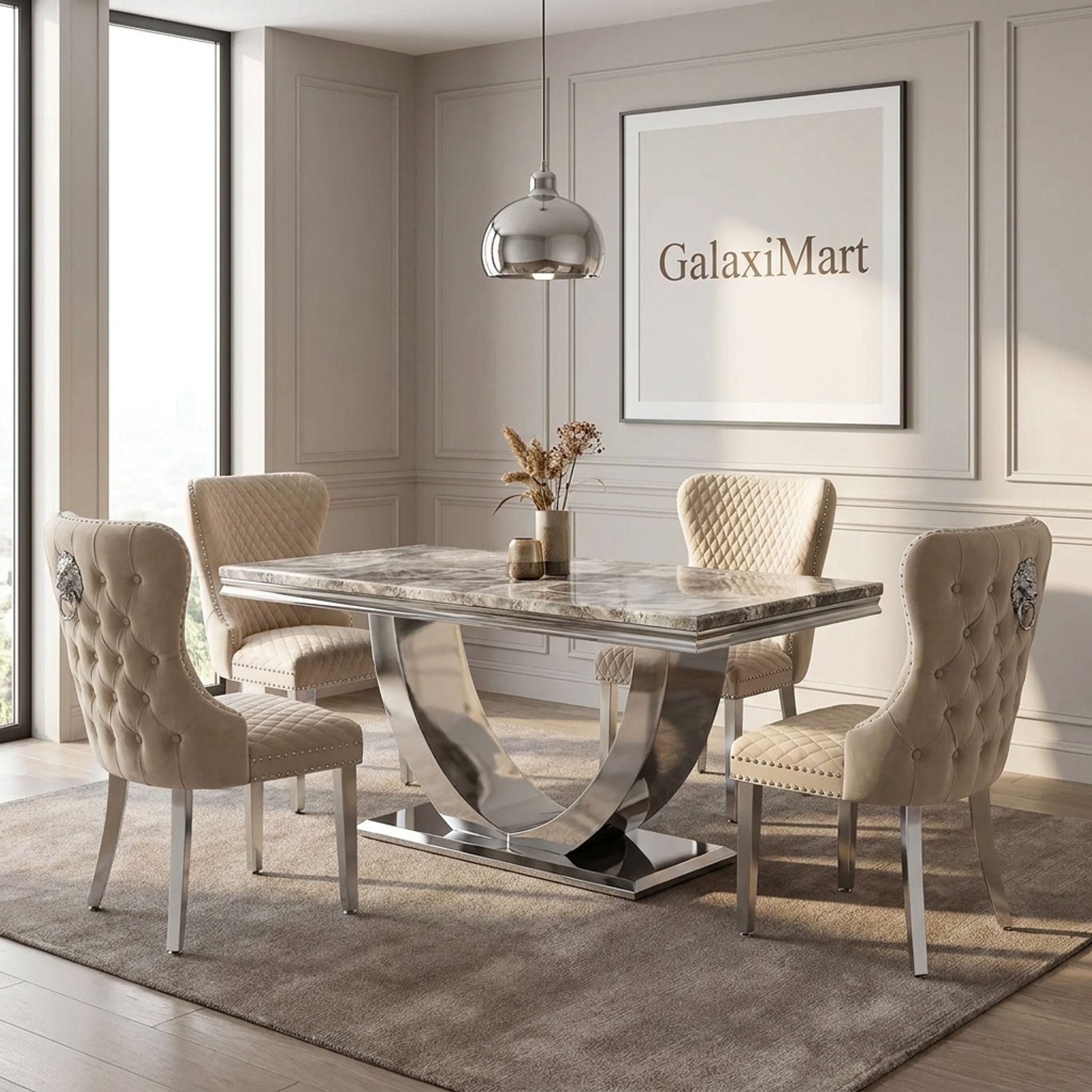 Ariel Beige 150cm Marble Dining Set — Valentino Mink Chairs