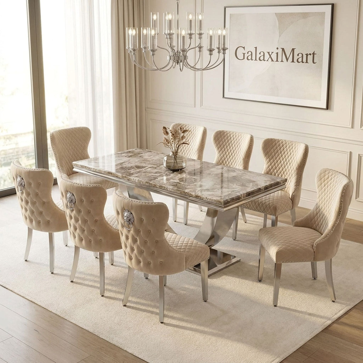 Ariel Beige 200cm Marble Dining Set — Valentino Mink Chairs