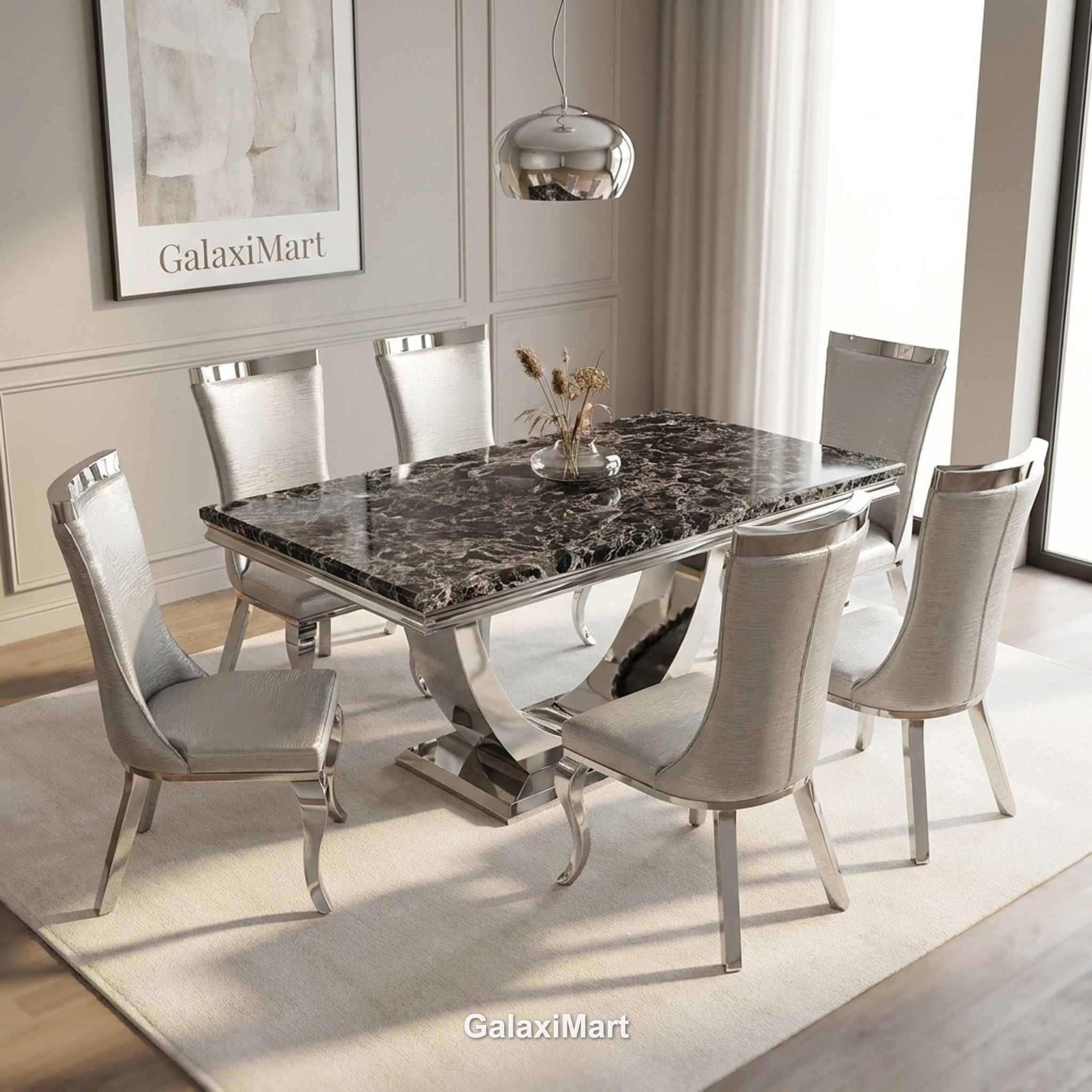 Ariel 200cm Black Marble Dining Set — Silver Miami Chairs