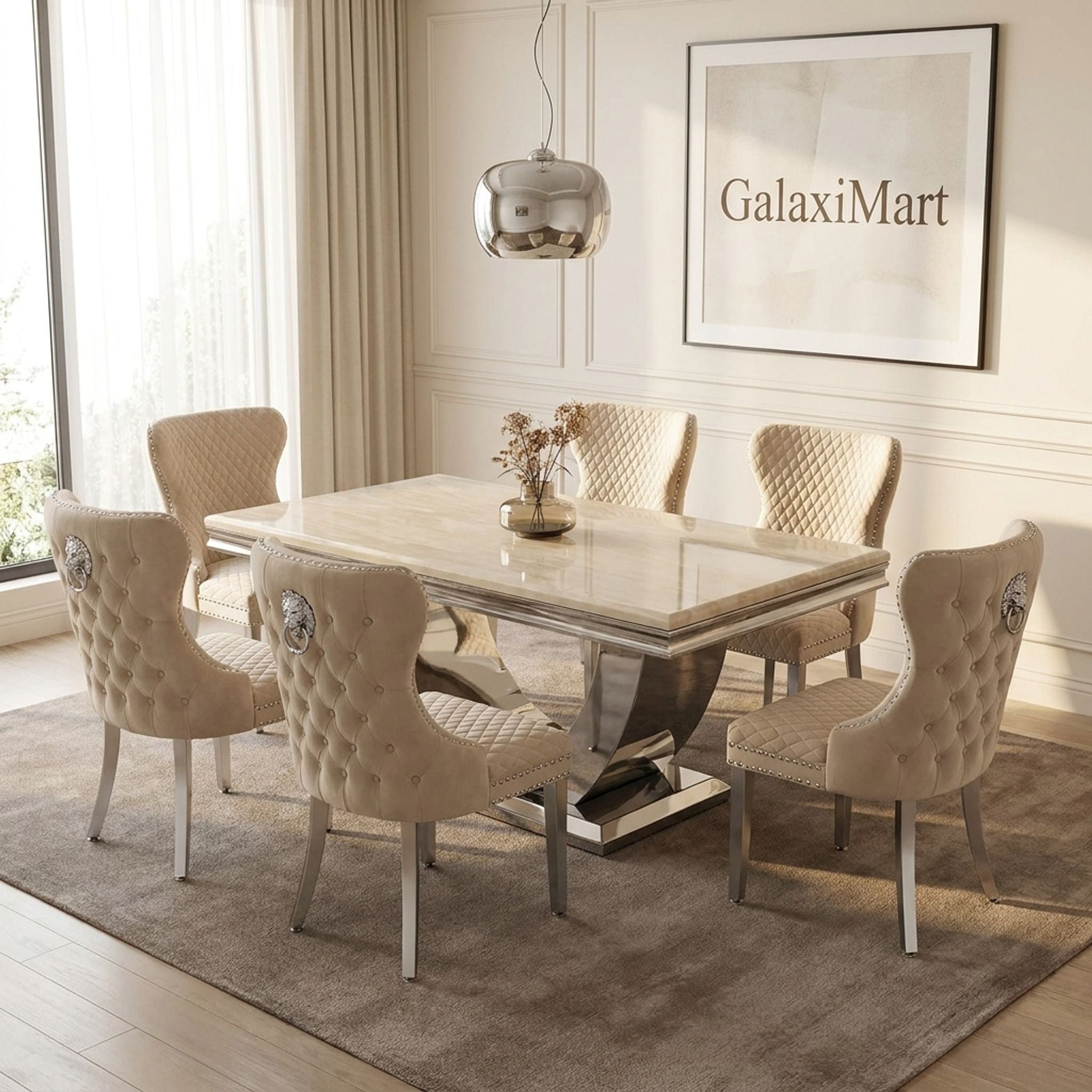 Ariel Cream 200cm Marble Dining Set — Valentino Mink Chairs