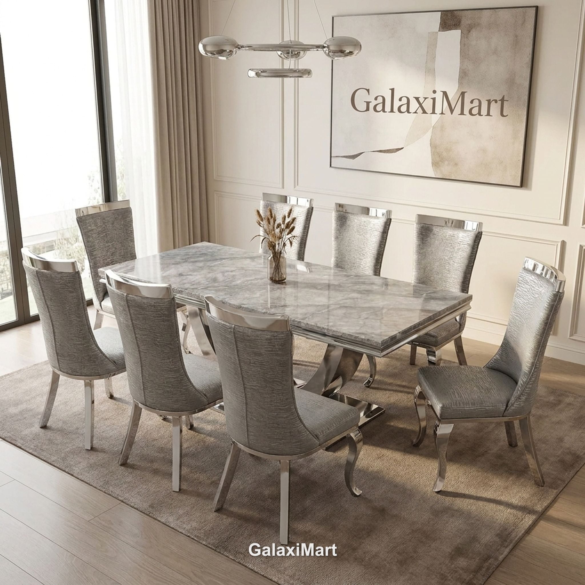 Ariel 200cm Grey Marble Dining Set — Silver Miami Chairs
