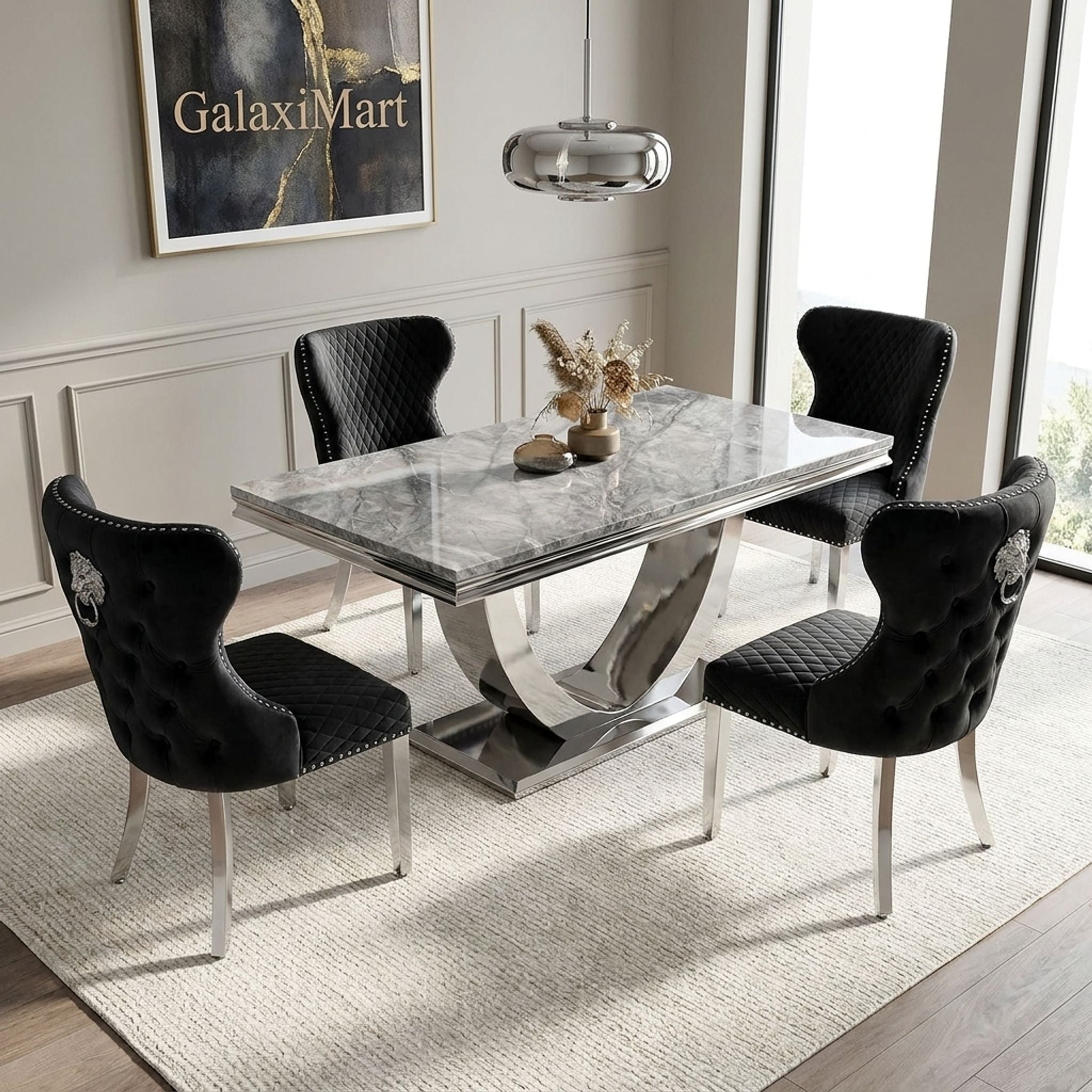Ariel Grey 180cm Marble Dining Set — Valentino Velvet Chairs