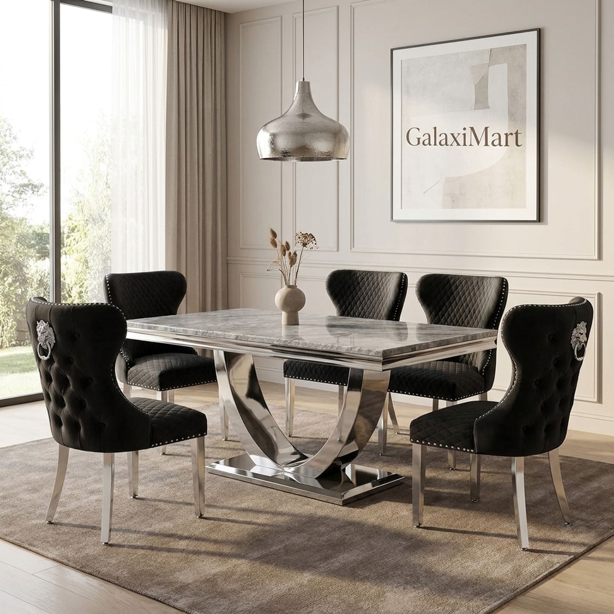 Ariel Grey 150cm Marble Dining Set — Valentino Velvet Chairs