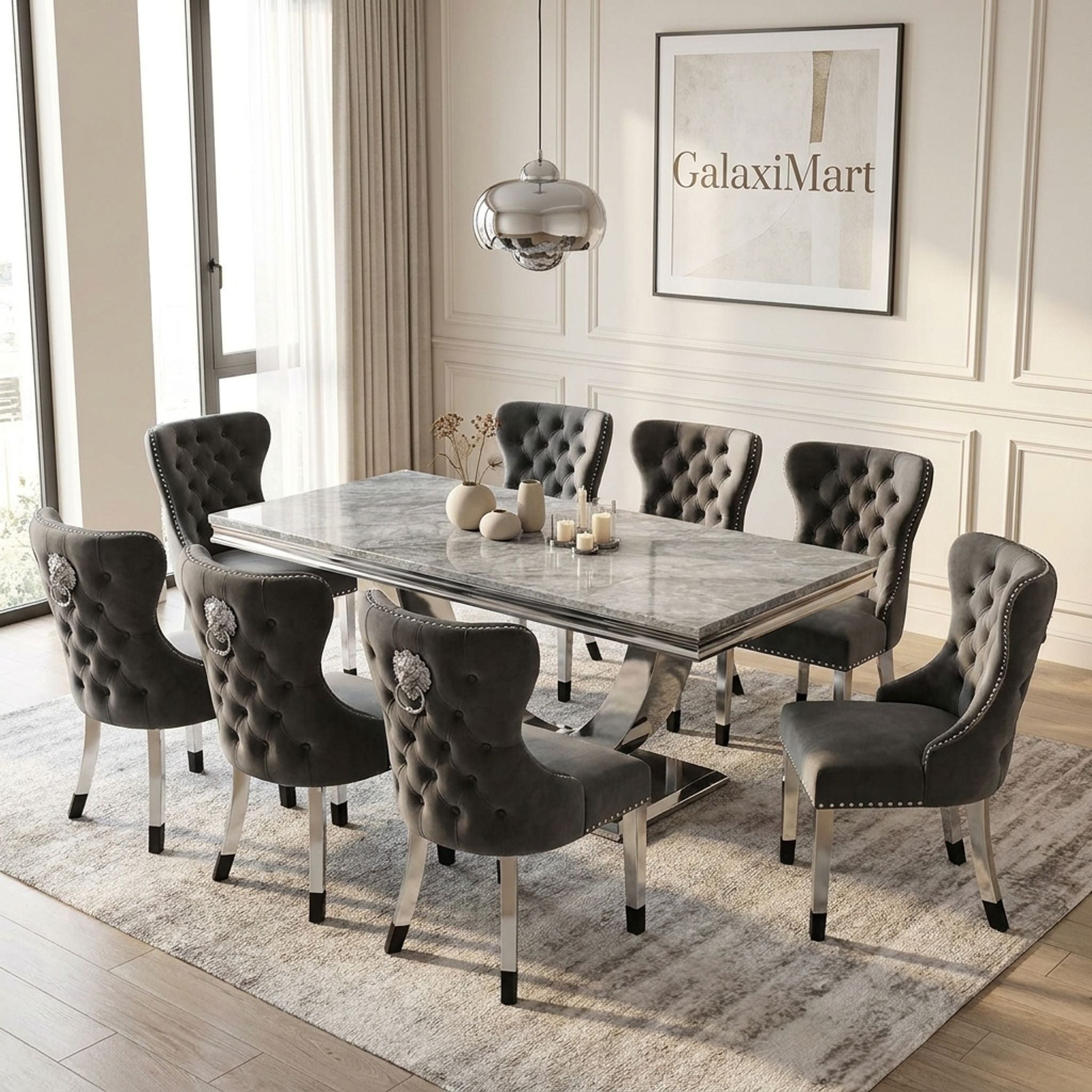 Ariel Grey 150cm Marble Dining Set — Valentino Velvet Chairs