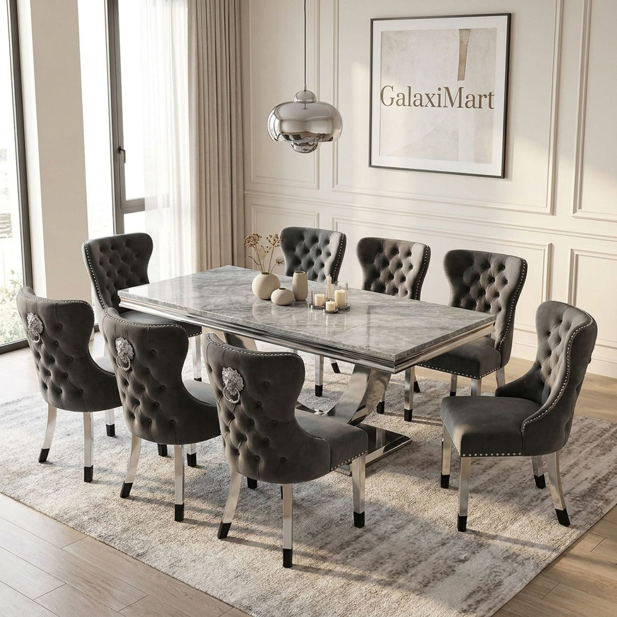 Ariel Grey 200cm Marble Dining Set — Valentino Velvet Chairs