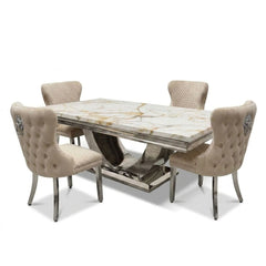 Ariel White & Gold 200cm Marble Dining Set — Valentino Mink Chairs