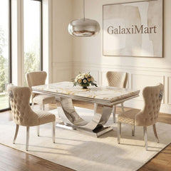 Ariel White & Gold 180cm Marble Dining Set — Valentino Mink Chairs