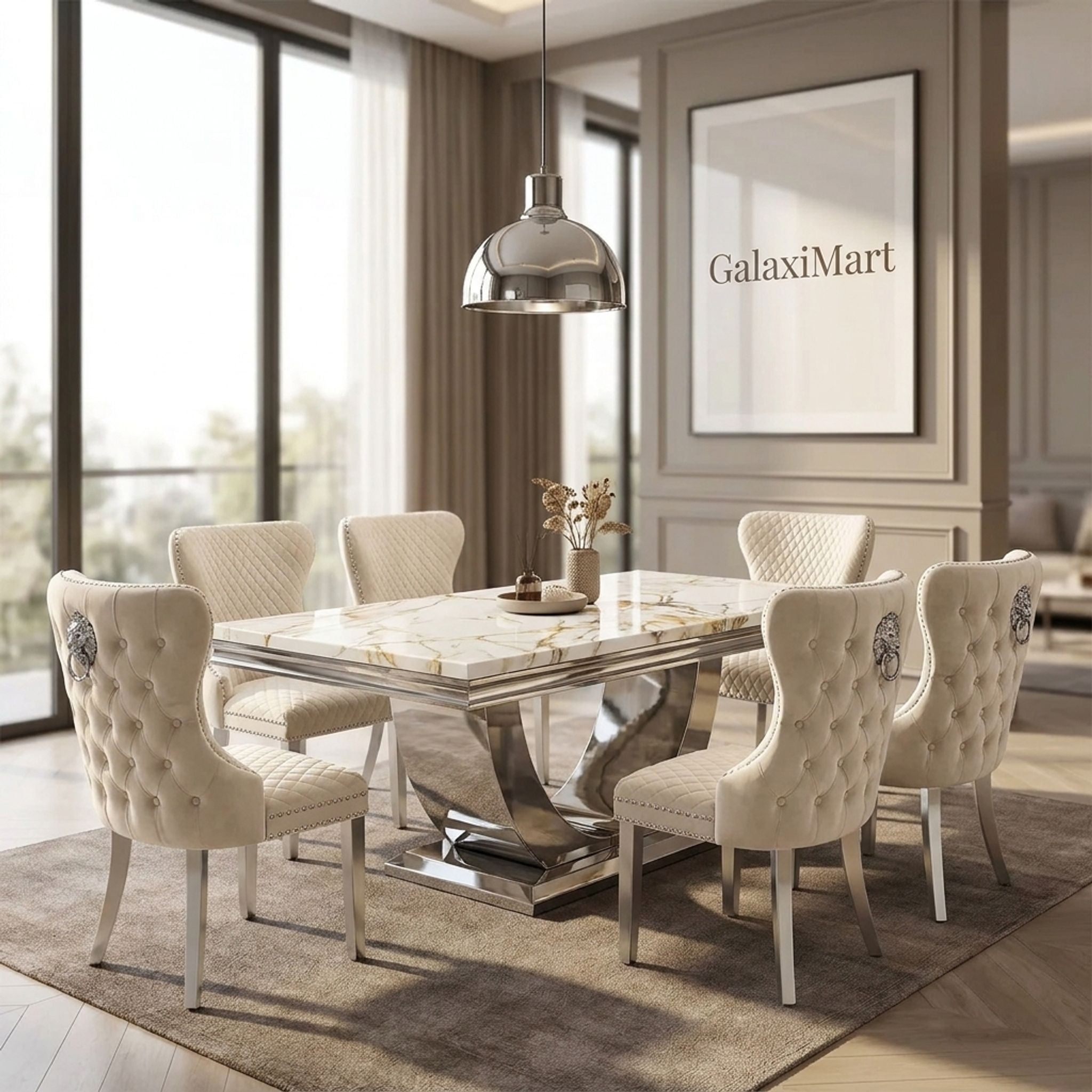 Ariel White & Gold 150cm Marble Dining Set — Valentino Mink Chairs