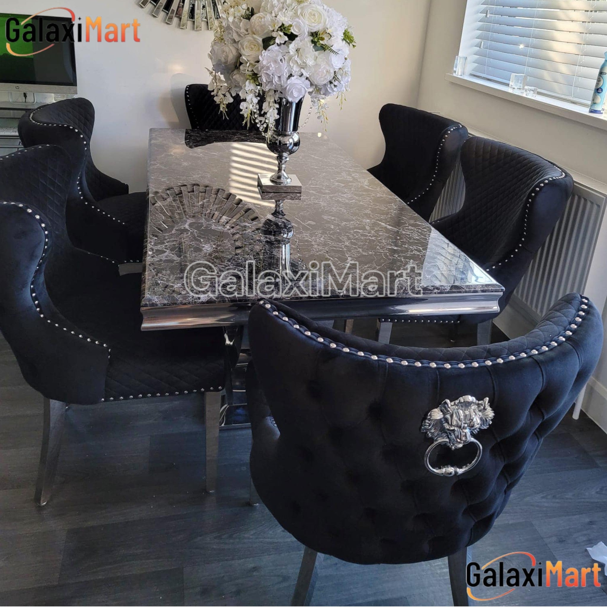 Ariel 150cm / 180cm / 200cm Black Marble Dining Table with Valentino Tufted Lion Knocker Black Velvet Dining Chairs