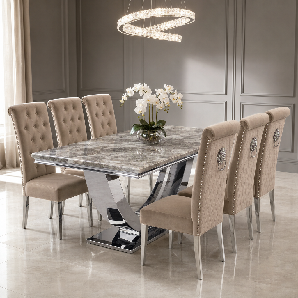 Ariel Beige Marble Dining Table Set | Sofia Mink Velvet Lion Knocker Chairs | 4 to 10 Seater | 3 Size Options