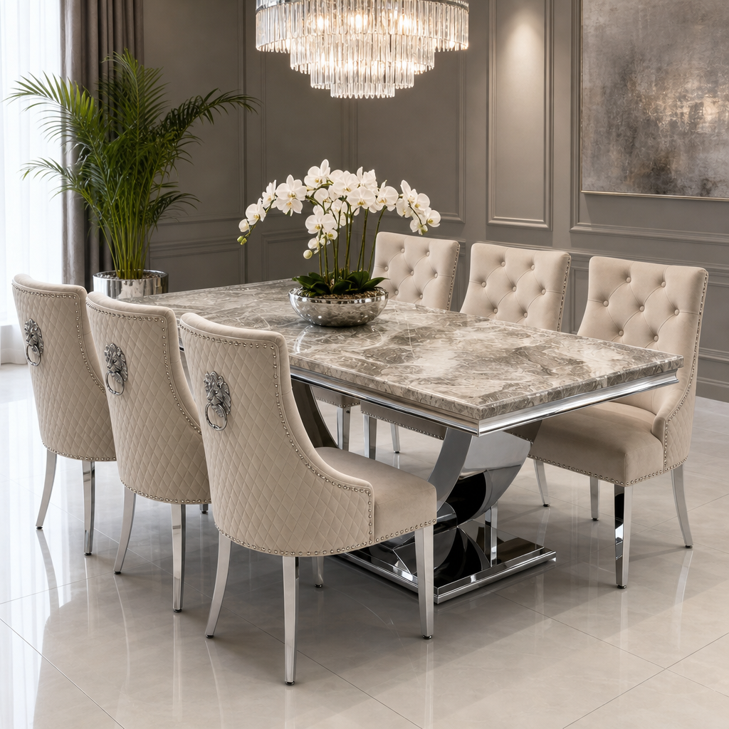 Ariel Beige Marble Dining Table Set | Majestic Mink Velvet Lion Knocker Chairs | 4 to 10 Seater | 3 Size Options