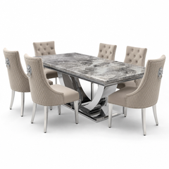 Ariel Beige Marble Dining Table Set | Majestic Mink Velvet Lion Knocker Chairs | 4 to 10 Seater | 3 Size Options
